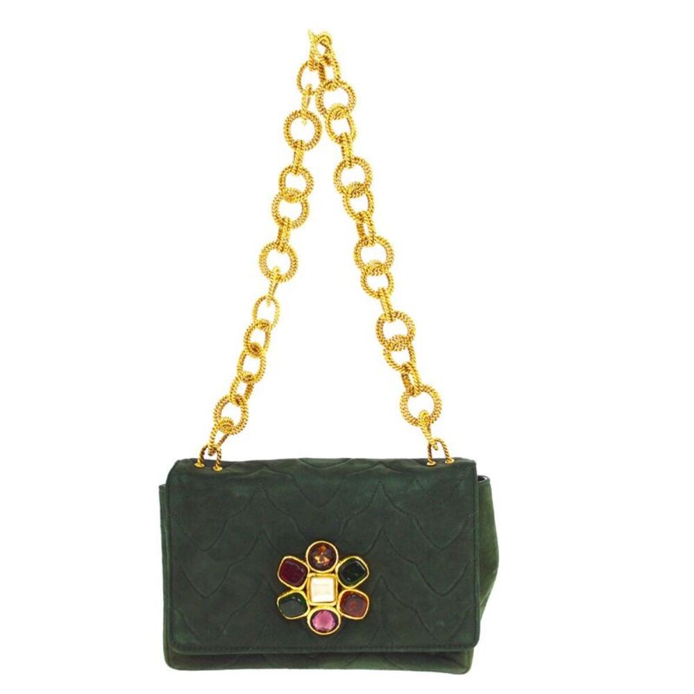 Chanel Vintage Chain Jewel Flap Quilted Velvet Green Suede Shoulder Bag Bag